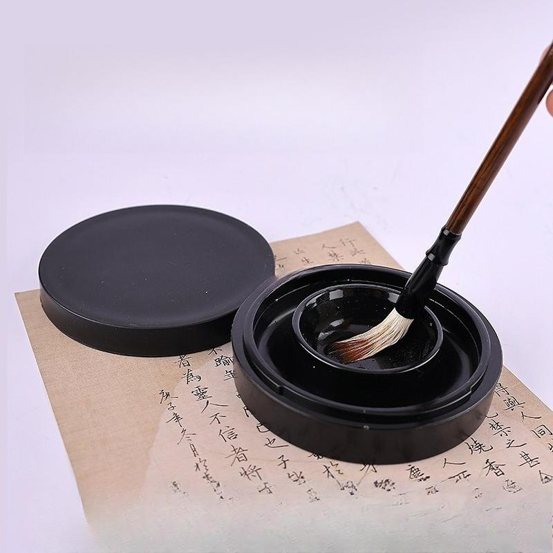 1-Inch Hot Pot Inkstone with Cover Double Circle Anti-drop and Anti-dry Ink Inkstone for Students' Calligraphy