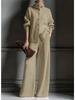 Women's High Neck Button Front Knit Sweater Top and Wide Leg Pants Lounge Set in Gray