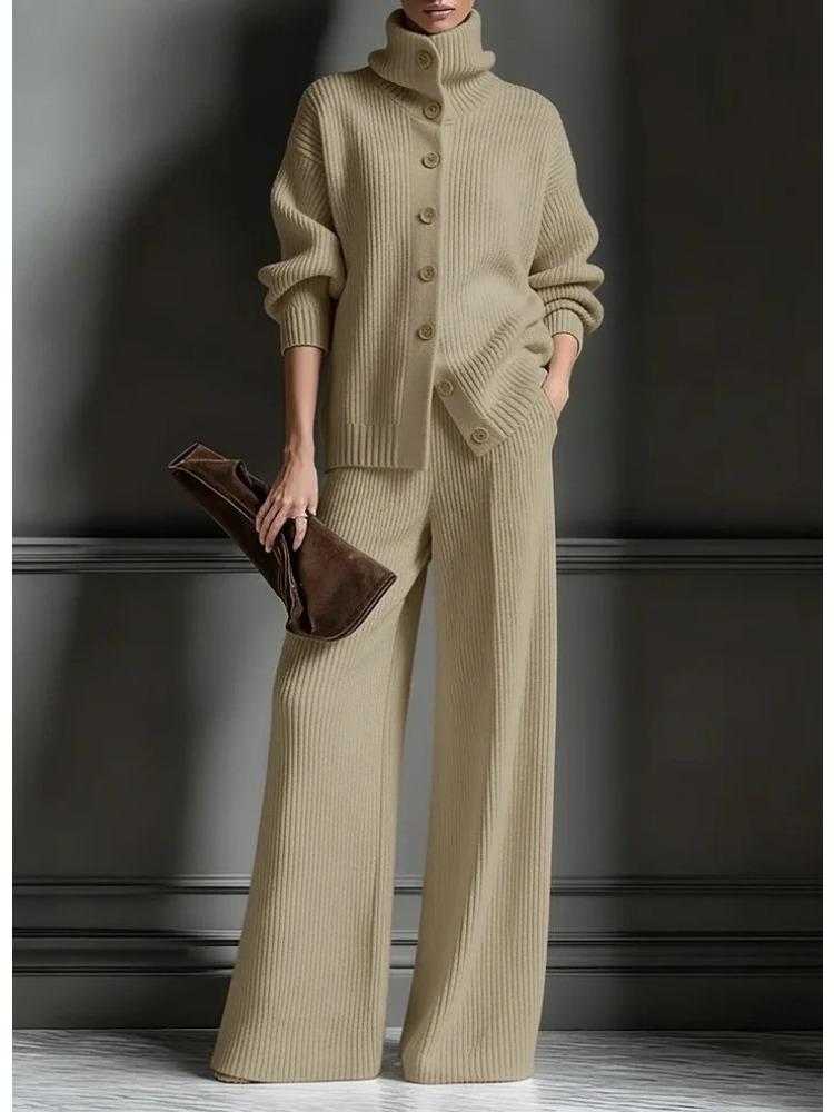 Women's High Neck Button Front Knit Sweater Top and Wide Leg Pants Lounge Set in Gray