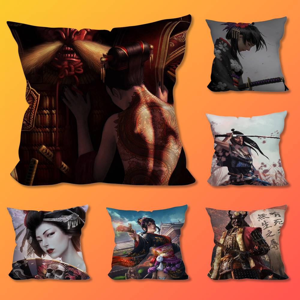 S-Samurai Warrior Geisha  Throw Pillow Case For 45*45cm,55*55cm,30*30cm For Home Bedroom Decoration And Protector
