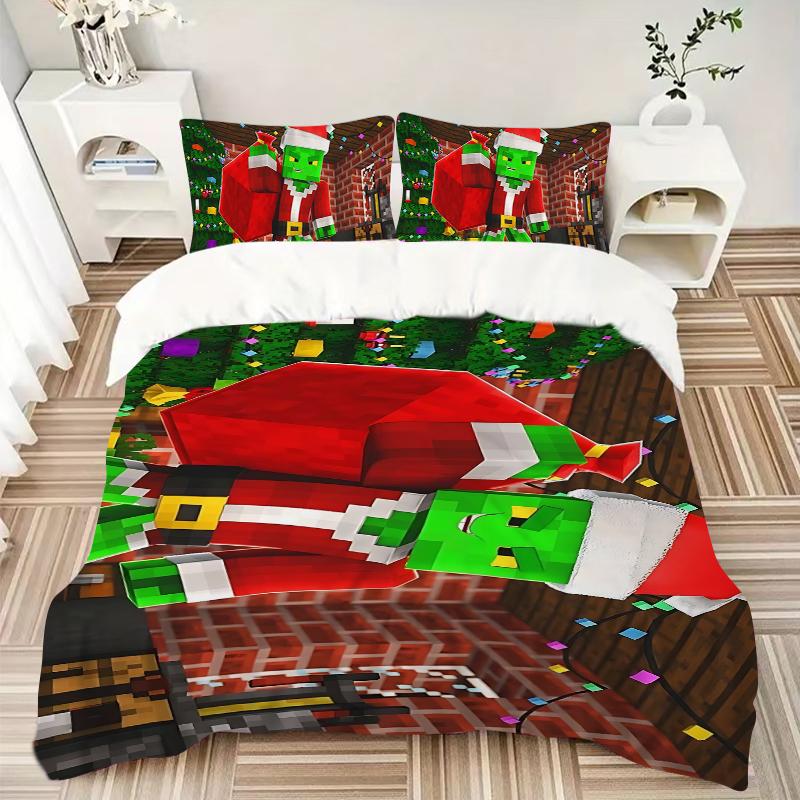 Christmas Minecraft Printed 3pcs Bedding Set Soft Microfiber 1 Duvet Cover And 2 Pillowcases Home Bedroom Decor Xmas Gift K1855