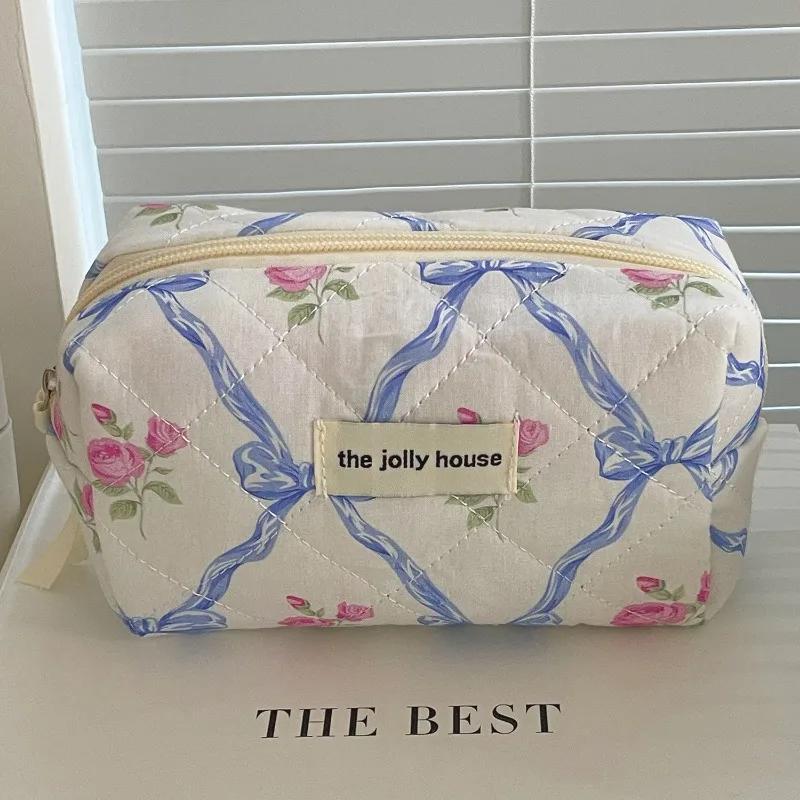

Cotton Makeup Bag Organizer Cute Bow Flower Quilting Women Zipper Cosmetic Bags Female Handbag Washing Toiletry Case for Girls