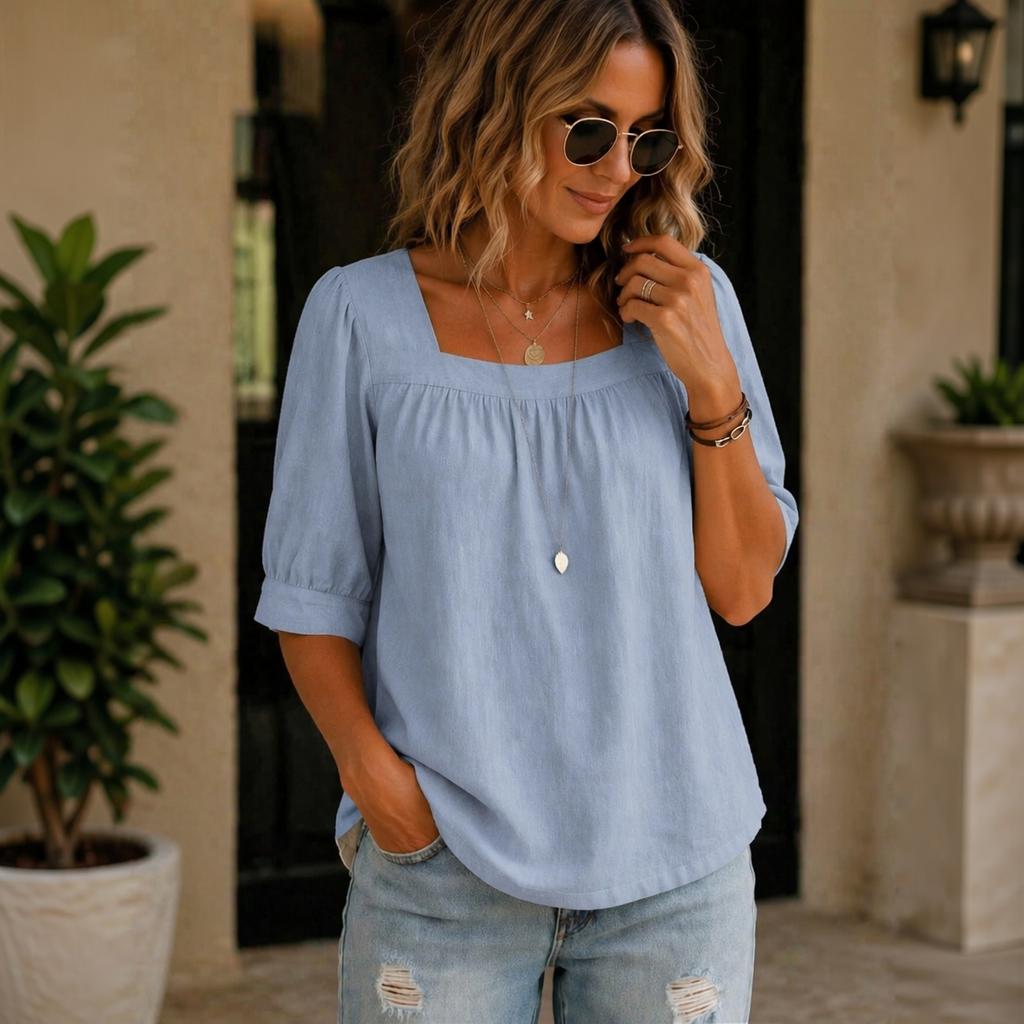 Women's Square Neck Sleeve Blouse Loose Fit Pleated Cotton Linen Casual Top for Summer