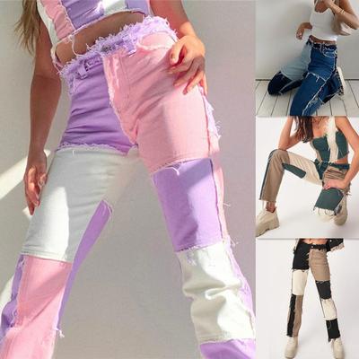 Mode Dames Hoge Taille Straten Patchwork Jeans Rechte Slanke Dames Denim Broek Magere Broek