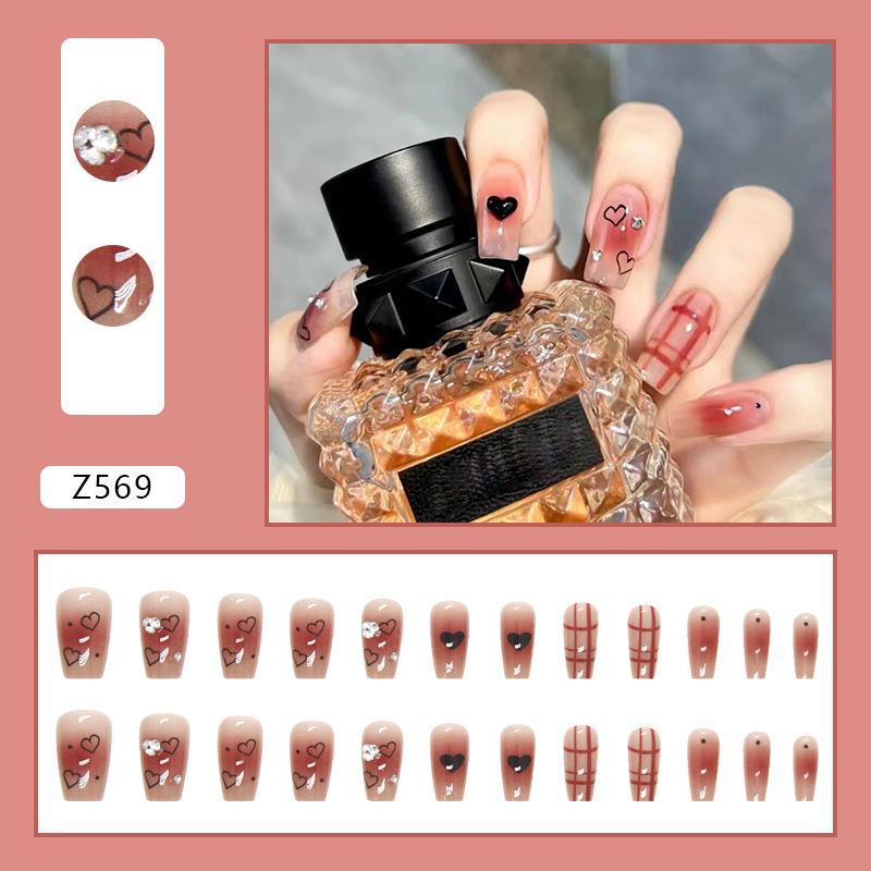 Love Plaid Stack Diamond Blush Nail Short Ballet Gentle and Sweet Wear Nail Diamond Nail Art Tablets