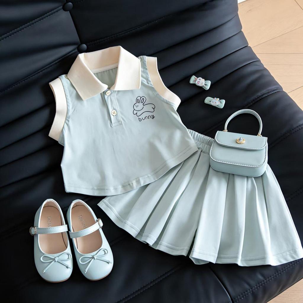 2026 Girls' Fresh Summer Polo Collar Sleeveless Pleated Shorts Set