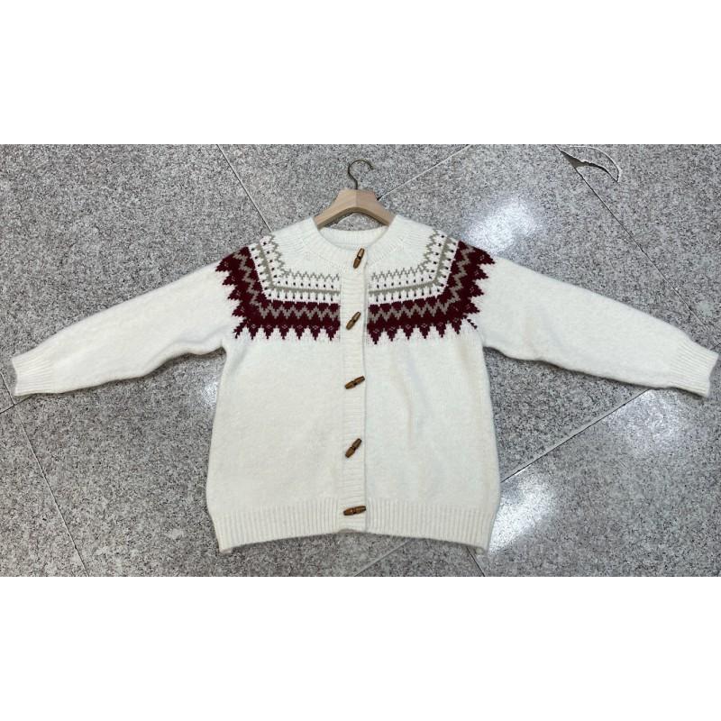 Womens Oversized Crewneck Cardigan Sweater With Colorblock Jacquard Acrylic Knit Open Front Top Fall Winter