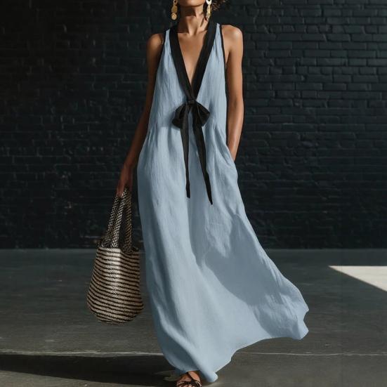 Γυναικείο Maxi Φόρεμα Color Block με Βαθύ V Λαιμό, Αμάνικο, Αέρινο, Χαλαρό, Μακρύ Φόρεμα-Μπλούζα, Καλοκαιρινό, για Παραλία, Διακοπές, Φόρεμα Ηλίου με Τσέπες