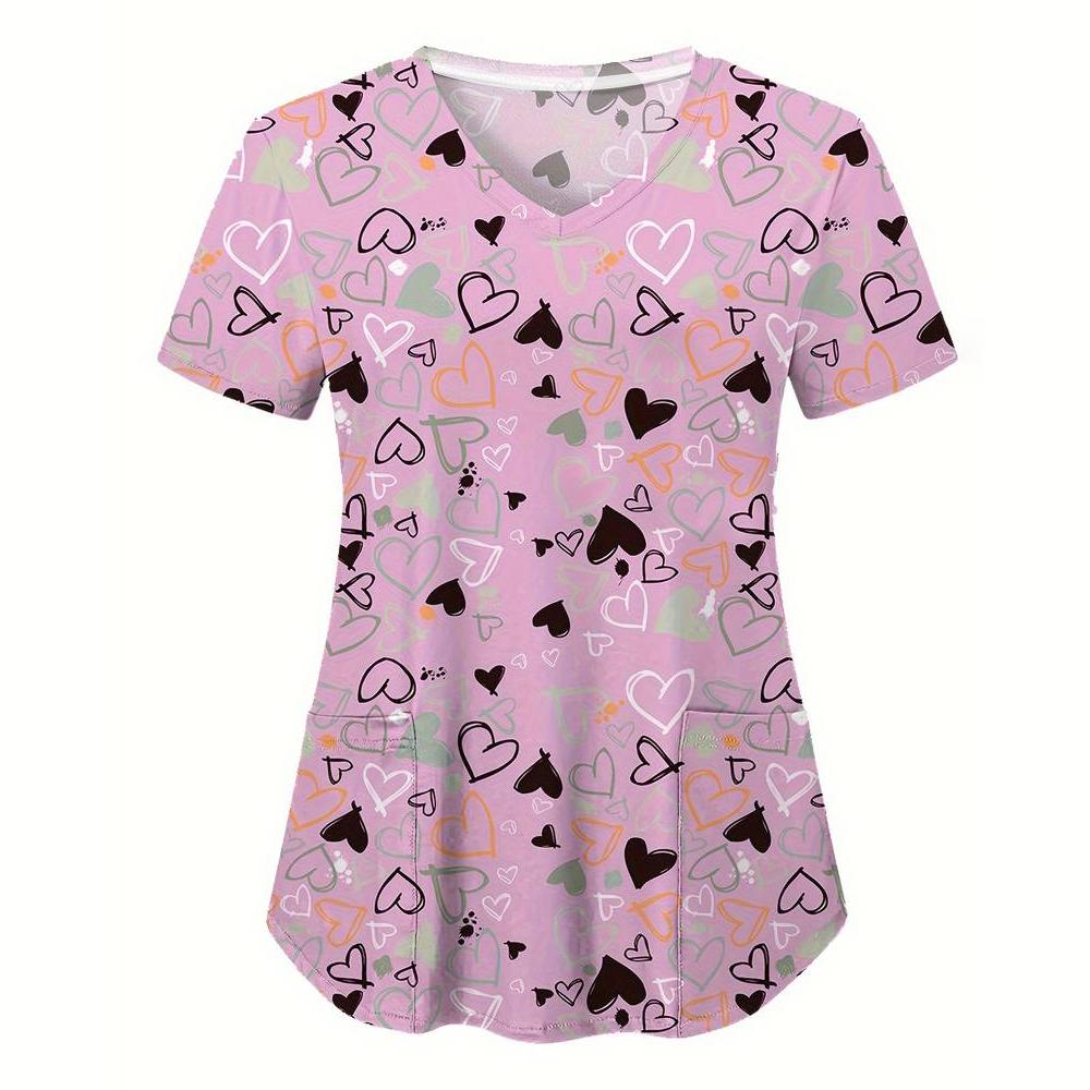 Clinical Uniform Woman Elegant Heart Print Health Care Scrub Uniform Trends V-Neck Short Sleeve Dental Nursing Uniform for Women