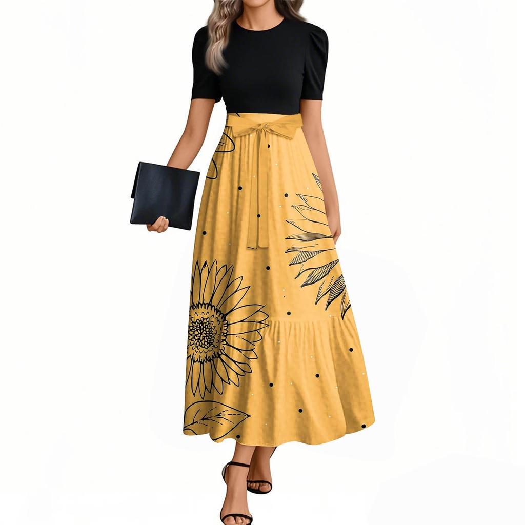 Women's Floral Print High Waist Fashionable And Elegant Dress