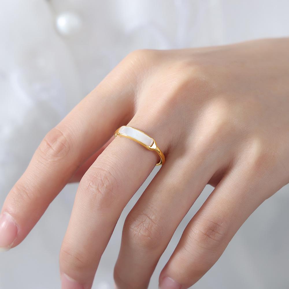 Elegant White Mother-of-Pearl Inlaid Titanium Steel Ring for Women