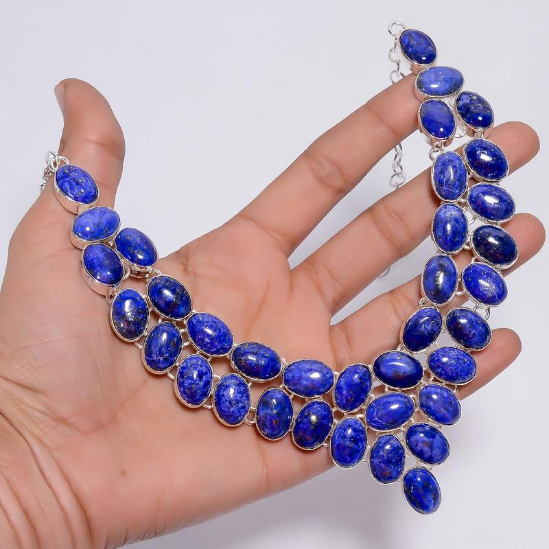 Fantastic Top Grade Qualite 100% Natural Lapis Lazuli Oval Shape Ethnic Handmade Jewelry 925 Steling Silver Necklace 18" WSJ-4729