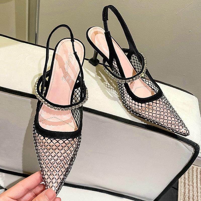 2025 Hollowed-Out Rhinestone High Heels Female Pointy Transparent After Empty Bun Sandals Thin Heel Shoes Female