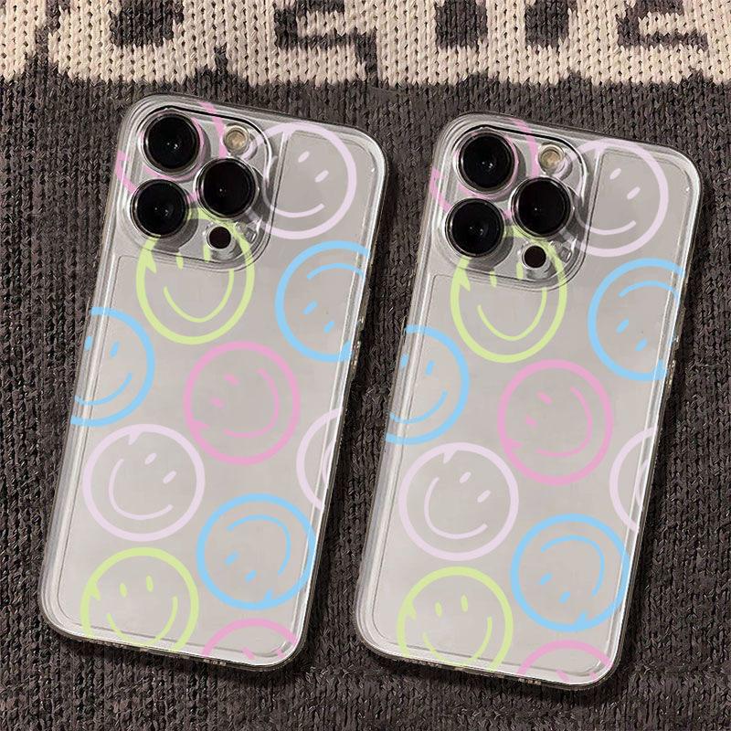 Round Happy Face Transparent Phone Case For iPhone 11 Cases iPhone 15 16 Pro 12 13 14 Pro Max Mini XR XS X 7 8 Plus SE2022 Cover