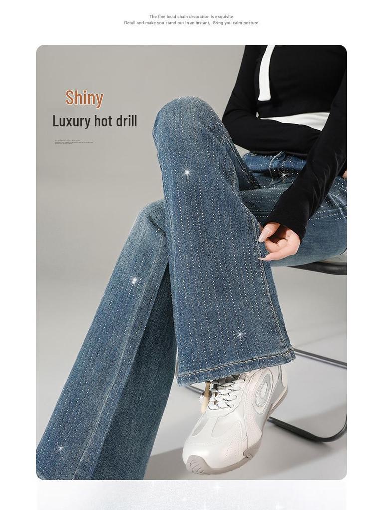 Women's Sparkling Rhinestone Flare Pants - Stretchy, High-Waisted, Slimming Denim for Spring/Autumn