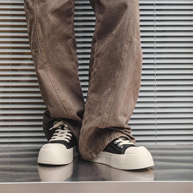 New Men Genuine Leather Casual Shoes Street Cool Thick-soled Flat Platform Shoes Lace-up Loafers