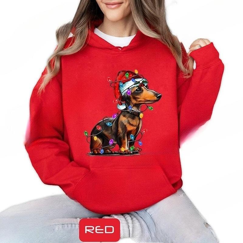 Christmas Dachshund Printed Hooded Sweatshirt Merry Christmas Women's Loose Fleece Hoodies Xmas Dog Cartoon Anime Hoody Clothing