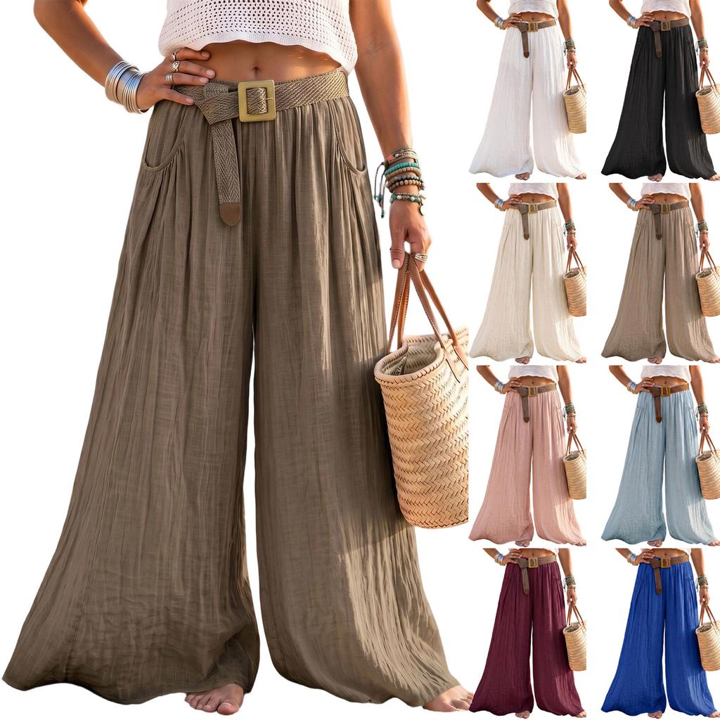 Women Cotton Linen Wide Leg Pants Loose Fit Long Trousers with Pockets Elastic Waist Casual Skirt Pants for Daily Wear