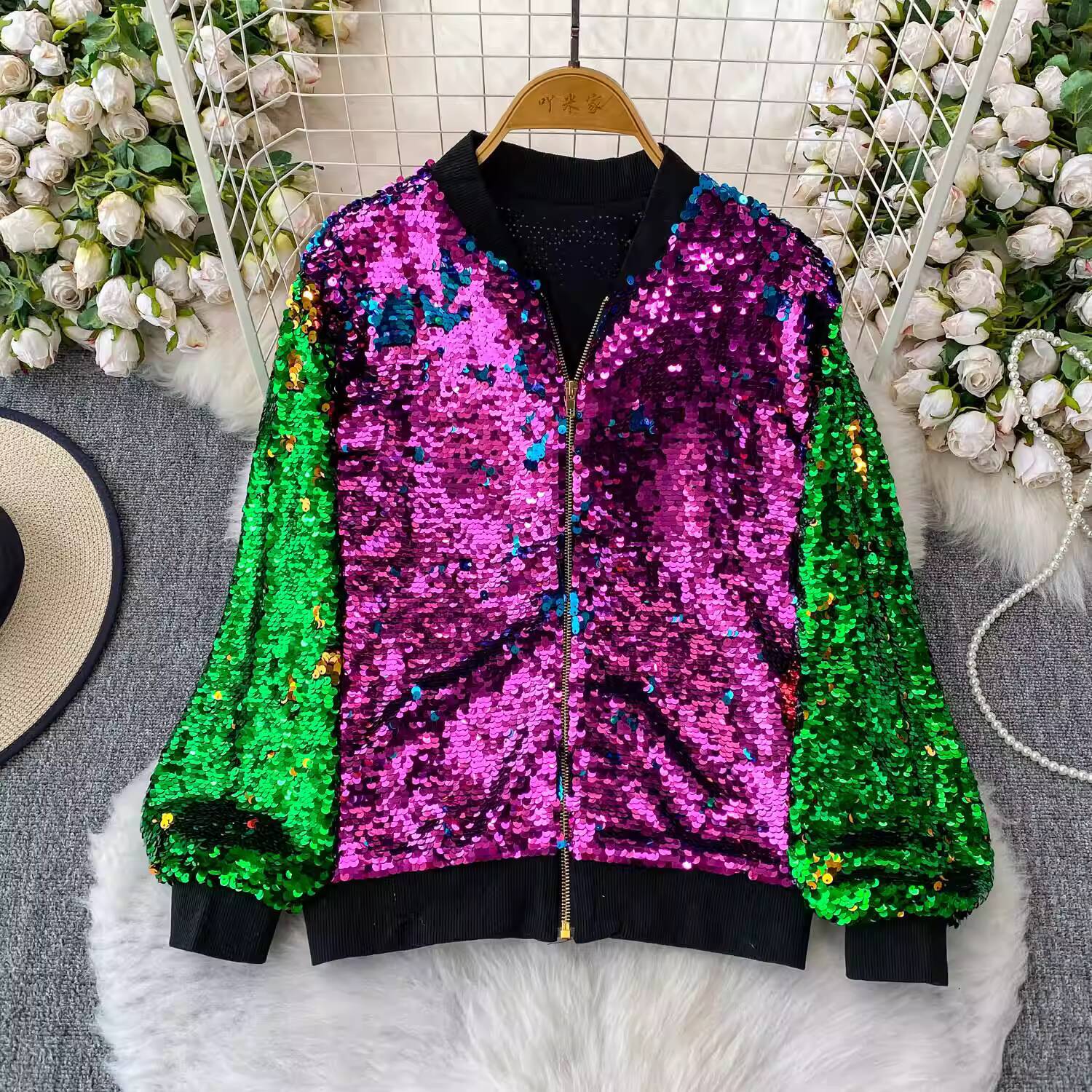 

Модный стиль Осень Новинка Женская куртка с длинными рукавами на молнии с пайетками и воротником-стойкой Свободная Универсальная Верхняя одежда Топ Женская куртка One Size