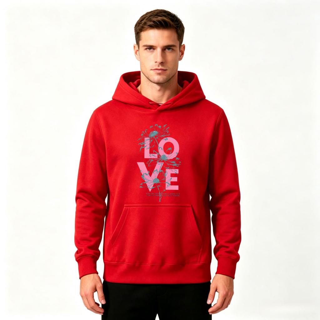 Men's Pullover Hoodie, Love Floral Pattern Printed Casual Long Sleeve Sweatshirt for Adults