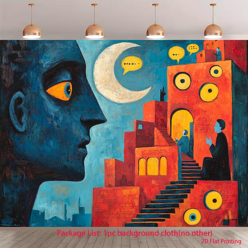 

2D Artistic Surreal Tapestry, Blue Giant Face & Red Cityscape Background 47.2x31.5inch/120*80cm