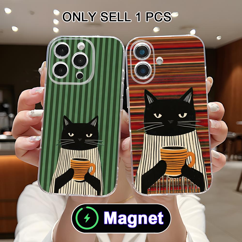 Cute Coffee Cat Clear TPU Magsafe Mobile Phone Case for iPhone 17 16 15 14 13 12 11 Air Pro Max Plus Mini Colorful Cover