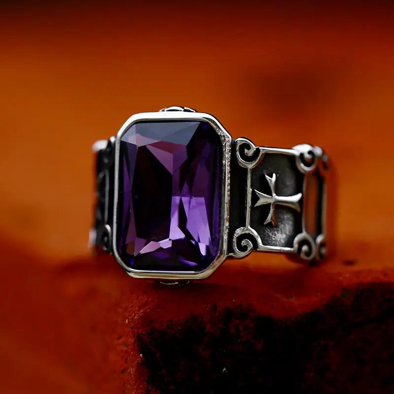 

Stainless Steel Cross Ring Purple Zircon Ring Cool Wedding Band Men s Ring High Quality Fashion Jewelry Gift 7 фиолетовый