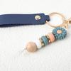 Wood Bead Flower Keychain Lightweight PU Leather Wrist Strap Metal Key Ring Decorative Bag Pendant
