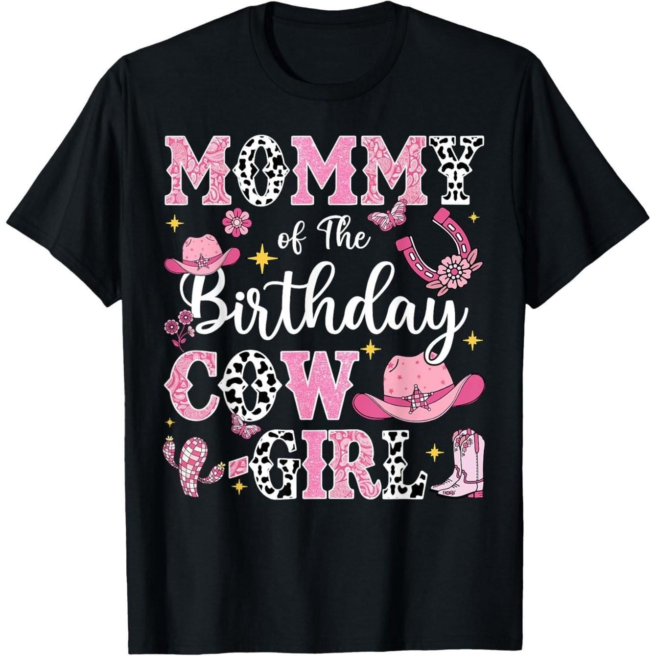 Mommy of The Birthday Cow Girl Graphic Tee Pink Western Rodeo TShirt Casual Cotton S