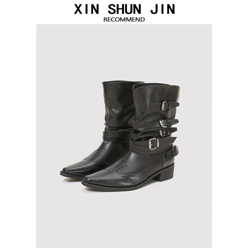 

Ботинки Мартин с узором пламени женские 2025 лето британский стиль острый носок толстый каблук заклепки короткие ботинки западные ковбойские ботинки 40 чёрный