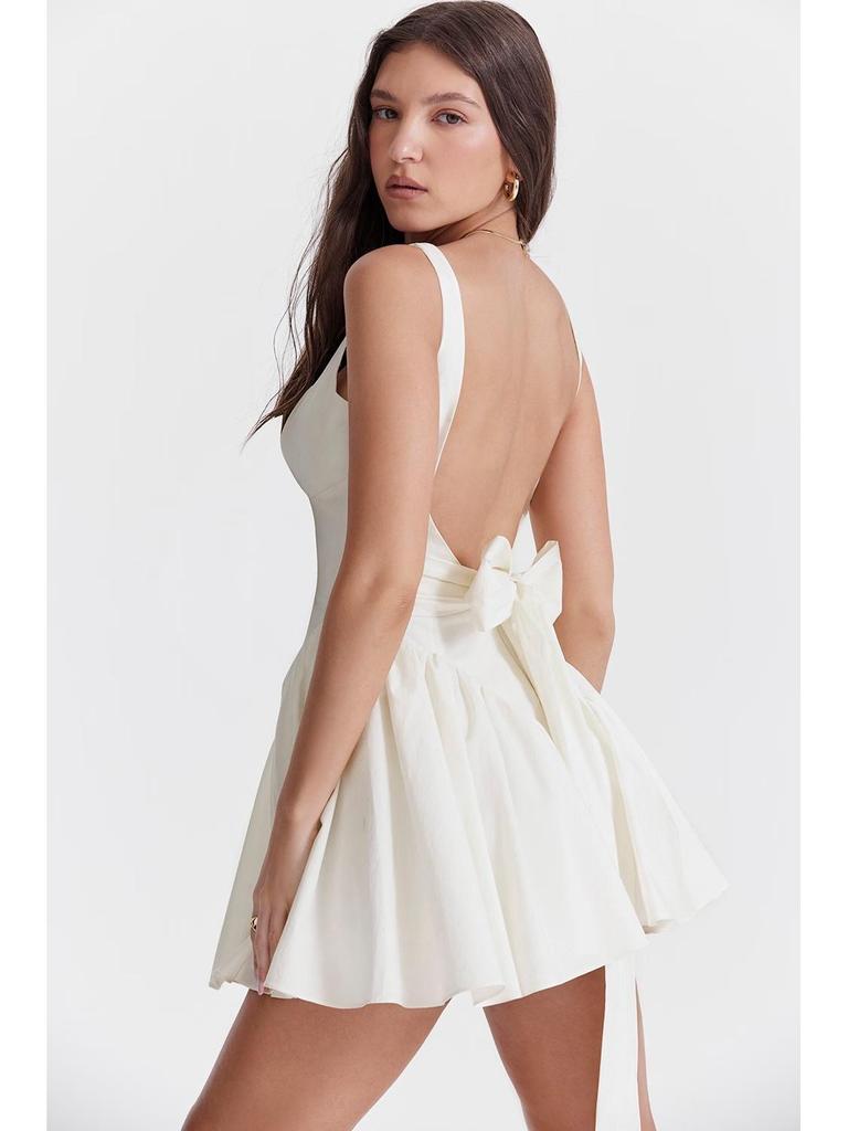 2026 Summer European & American Women's French Waist-Cinching Backless Ribbon Dress
