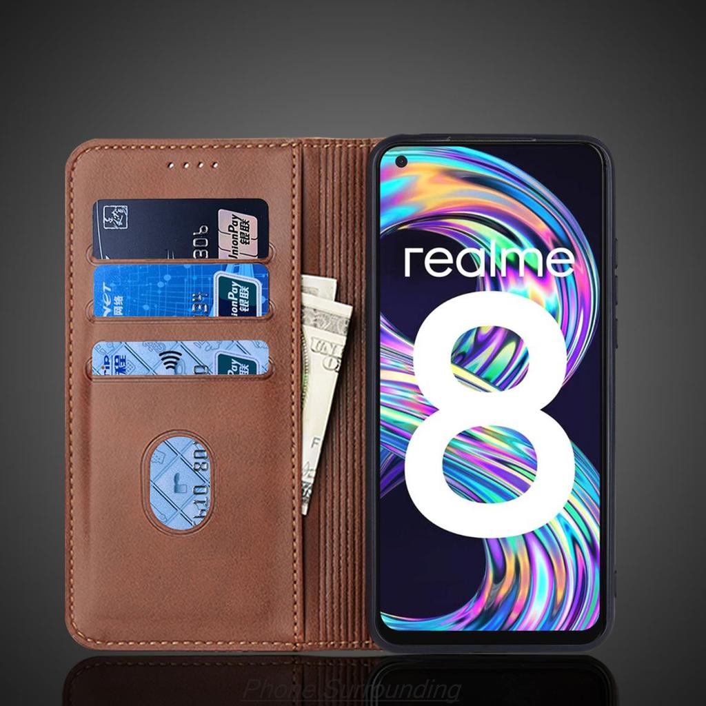 Magnetic Attraction Flip Cover Leather Case for OPPO Realme 8 / Realme 8 Pro 6.4" Card Holder Holster Wallet Case Fundas Coque