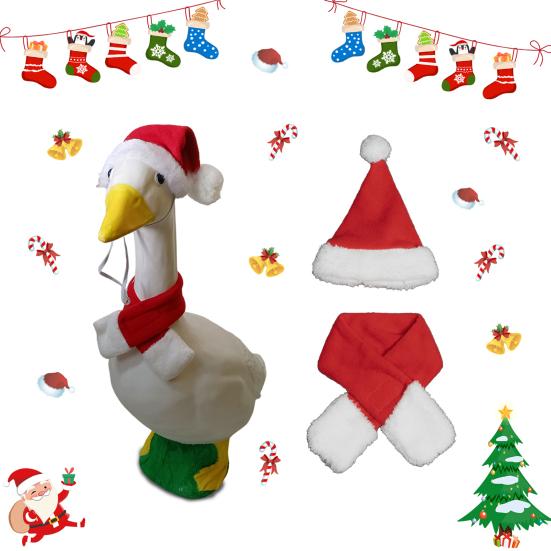 Christmas Porch Goose Outfits Santa Hat with Scarf Festive Costume Yard Goose Statue Clothes for 23" Goose Statue Patio Lawn Garden Decoration