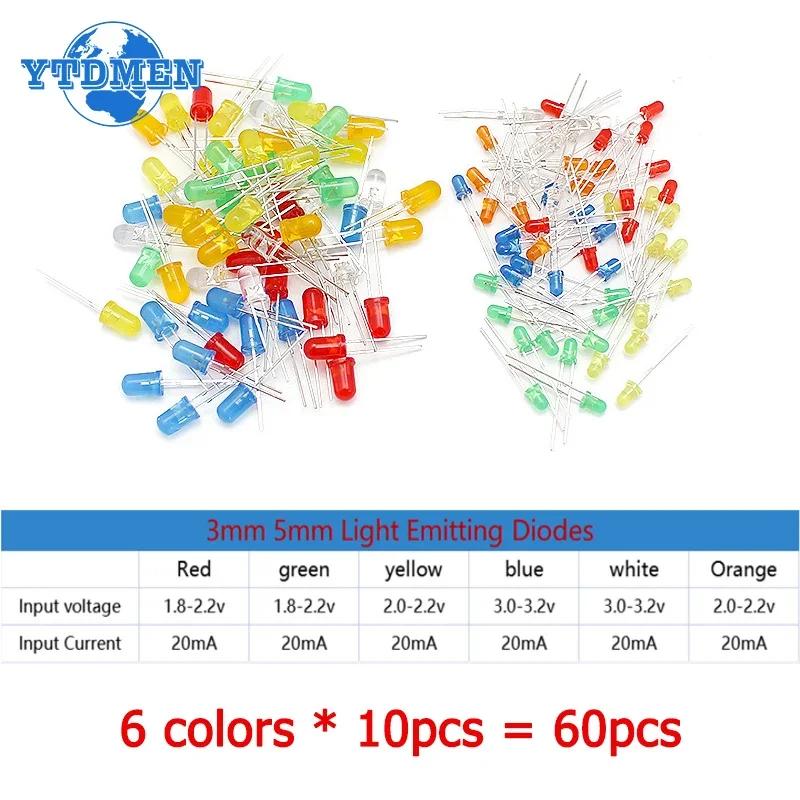 60PCS LED Diodes 5mm 3mm F3 F5 LED Light Emitting Diode Kit Red Orange Yellow Green Blue White 6 Colors
