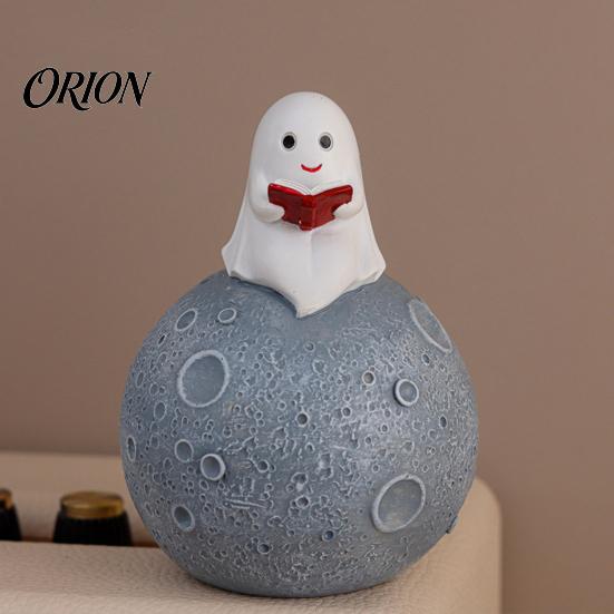 Whimsical Ghost Statue Cute Reading Book Ornament, Luminous Resin Figurine, Collectible Figurine Decor Night Light for Halloween Home Desktop