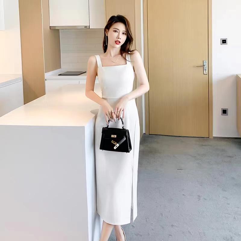 2024 Slimming Black Suspender Skirt Dress: Summer Temperament, Medium-Long Slit
