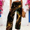 Women Plus Size Black Gold Green Swirl Printed Wide Leg Full Length Loose Pants