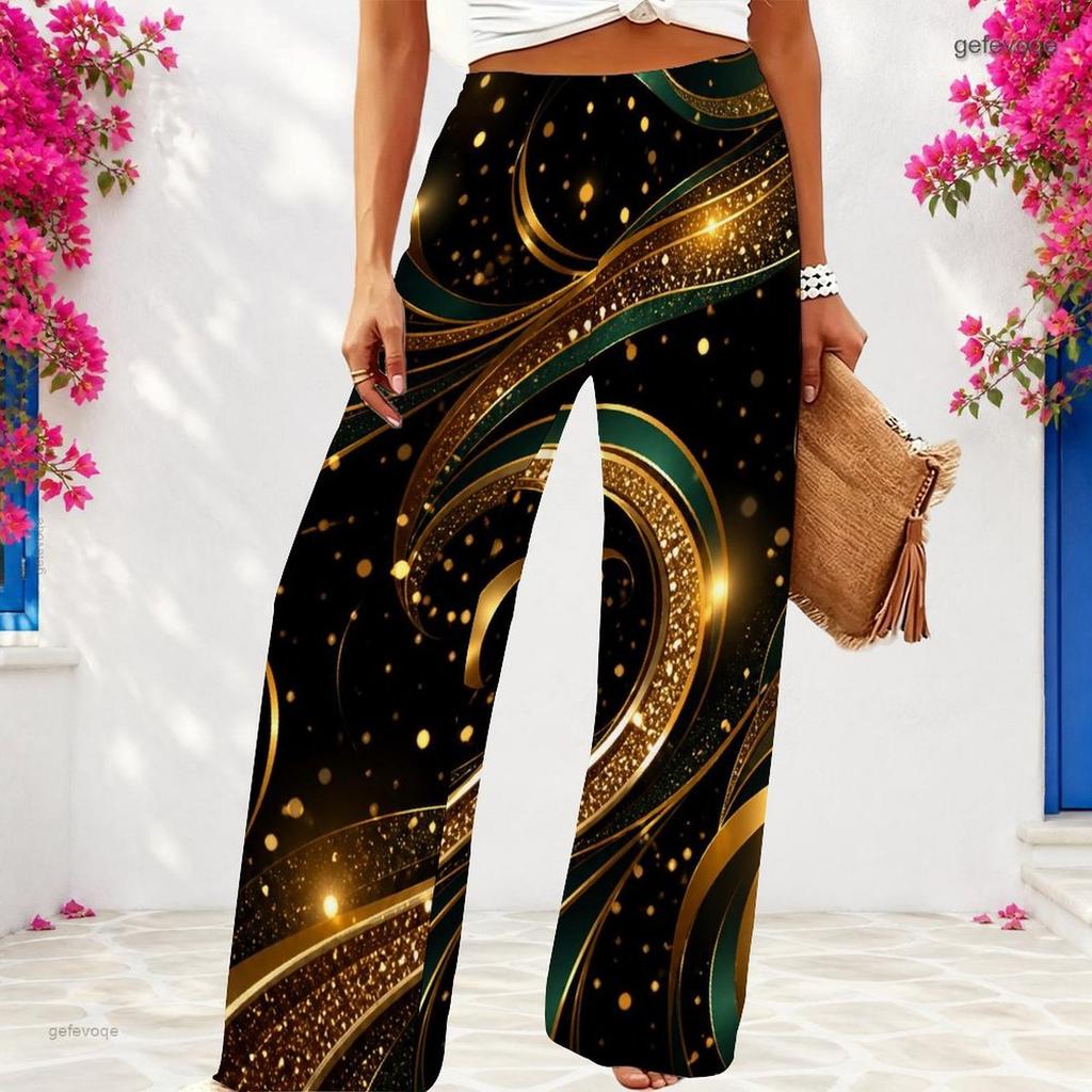 Women Plus Size Black Gold Green Swirl Printed Wide Leg Full Length Loose Pants