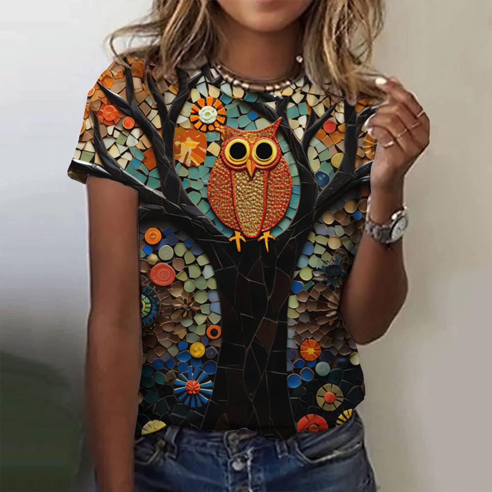 Women's Short Sleeved 3D Cute Owl Pattern Printed T-shirt, Fashionable Animal Print Round Neck T-shirt, Women's Clothing, Women's Top
