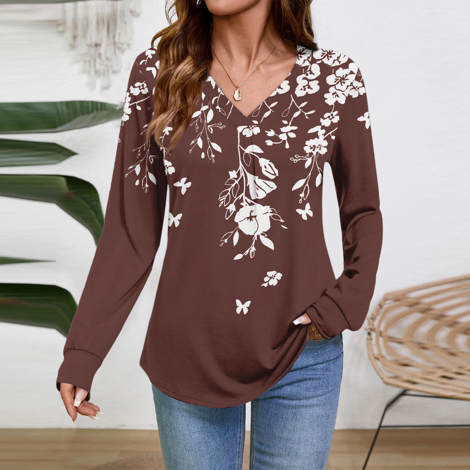 

Женские топы с длинным рукавом, нарядные повседневные футболки с V-образным вырезом, базовые футболки, одежда для отпуска, осенняя модная одежда XL коричневый