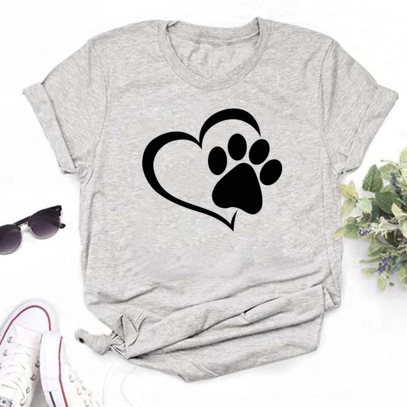 Women Dogs Paws Love Heart Printed T-shirts Fashion Summer Short Sleeve Lady Womens Clothes Tops T-Shirt Black Shirt Tees Female