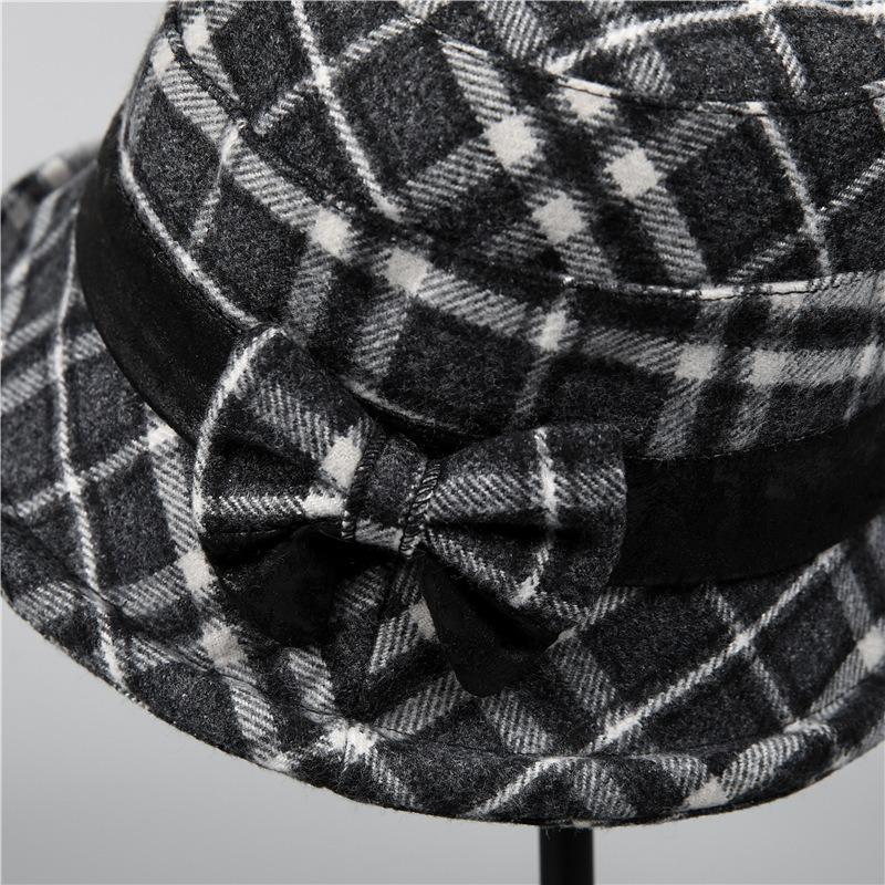Mid-autumn Winter Hat Ladies Warm Thickened Woolen Basin Hat Plaid Bucket Hat