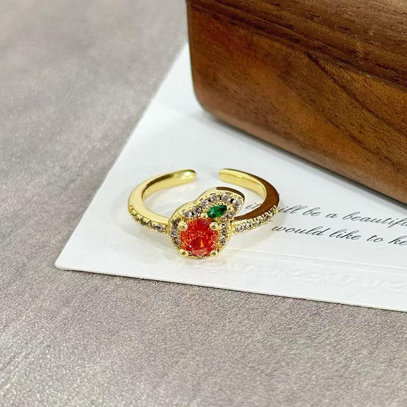 Medieval Vintage Orange Red Zircon Inlaid Simple Open Ring Female Retro Flower Temperament Niche Index Finger Ring