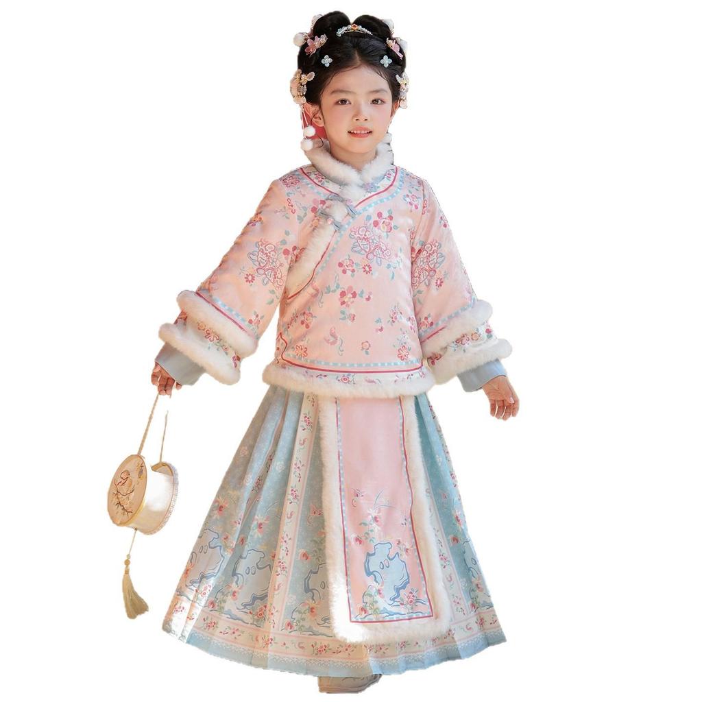 2025 Winter Hanfu Kids' Chinese-Style Ming Dynasty Skirt Set - Thickened New Year Outfit for Girls