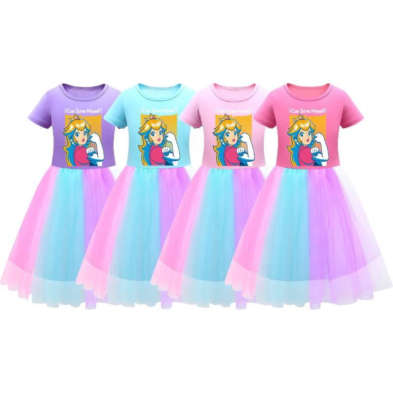 Sukienka dla dziewczynki Super Mario Princess Peach z tęczową koronką w kolorze fioletowym, czerwonym i różowym