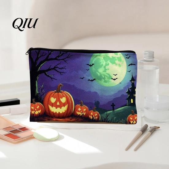Festive Pumpkin Print Bag Halloween Storage Bag, with Ghost Pattern Design, Thickened Pencil Case Canvas Cosmetic Organizer, for Travel Stationery