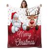 1pc Soft Warm Flannel Blanket - Heavyweight 280GSM All-Season Cozy Throw - Red & White Christmas Santa & Reindeer Design with Merry Christmas Text - P