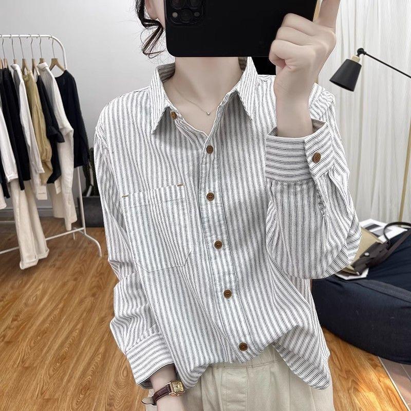 

Long-sleeved Korean Striped Shirt, Loose Spring and Autumn, Thin Cotton and Linen Shirt, Bottoming, All-match Blouse, Women XS