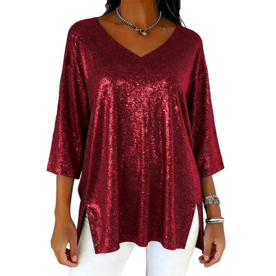 Women Tops V-Neck 3/4 Sleeves Loose Fit Pullover Tops Solid Color Loose Fit Glossy Design Casual Tops Women Clothing