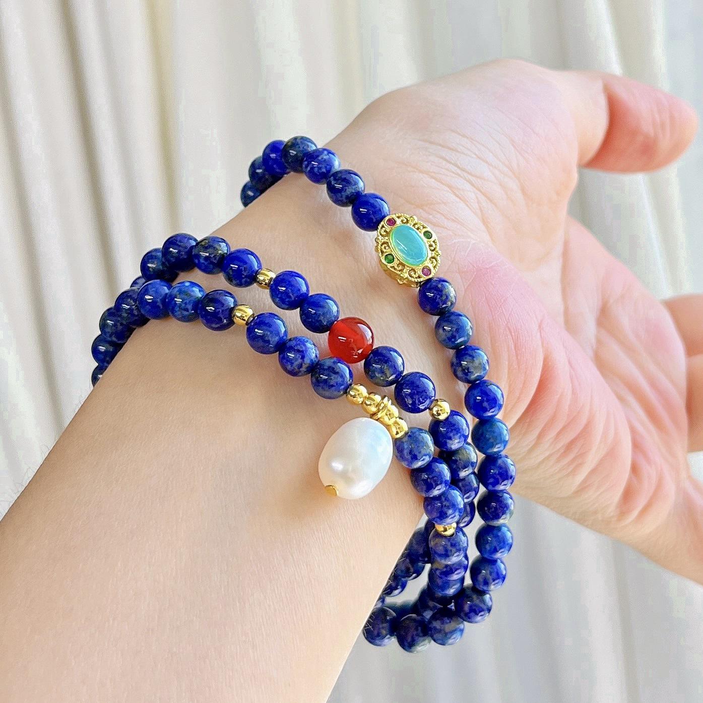 4Mm Natural Lapis Lazuli Freshwater Pearl Multi-Circle Design Bracelet Bracelet.